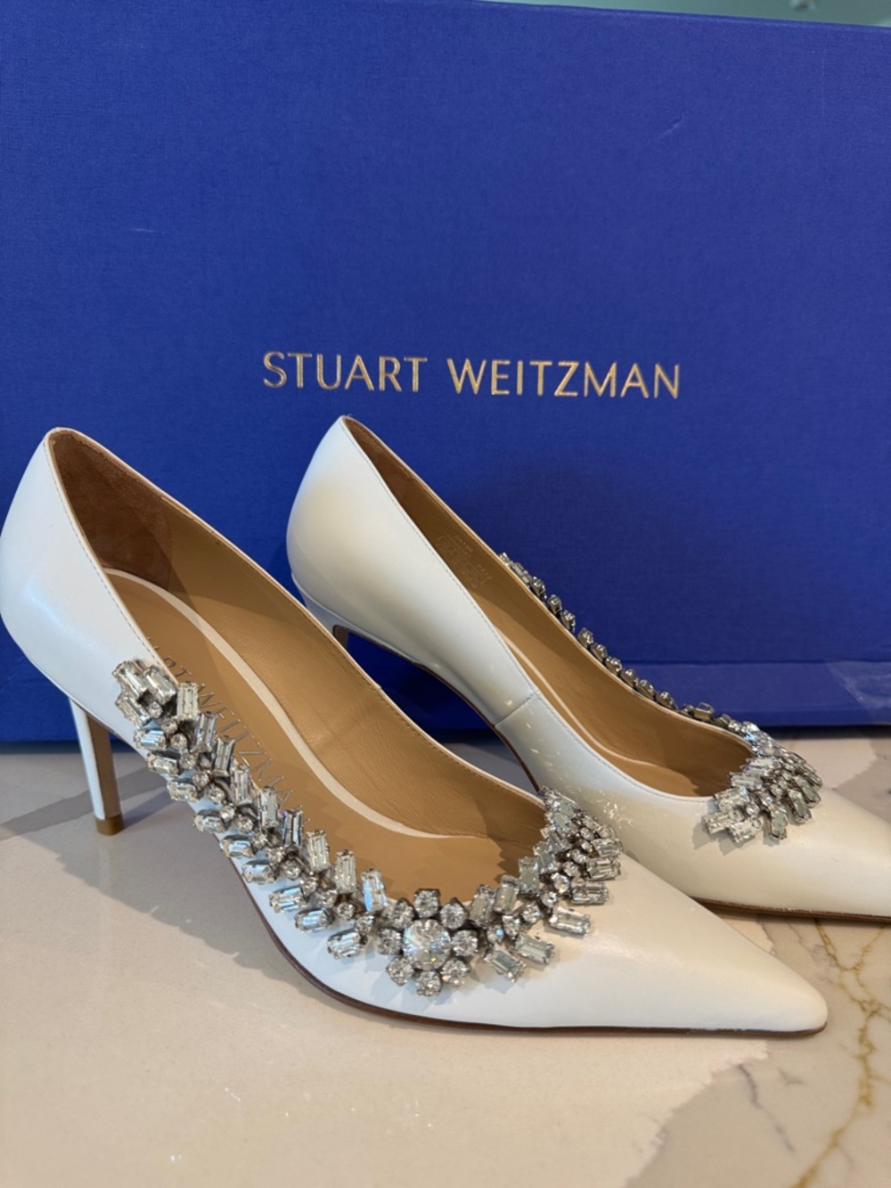 Stuart Weitzman White Crystal-Trim Pointed Toe Pumps 7.5